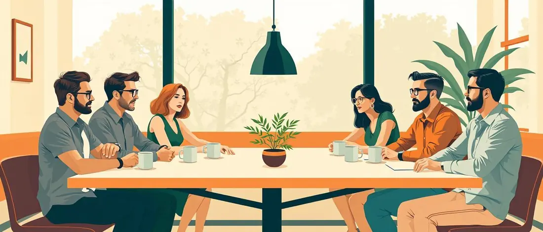 Ilustración plana de varias personas adultas sentadas a una mesa larga y luminosa, unas hablando y otras escuchando