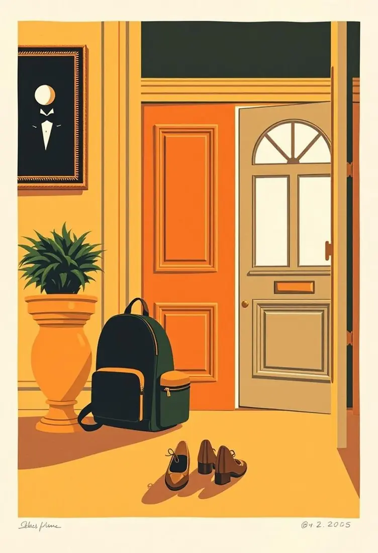 Ilustración plana de un niño con mochila mirando una calle tranquila al amanecer
